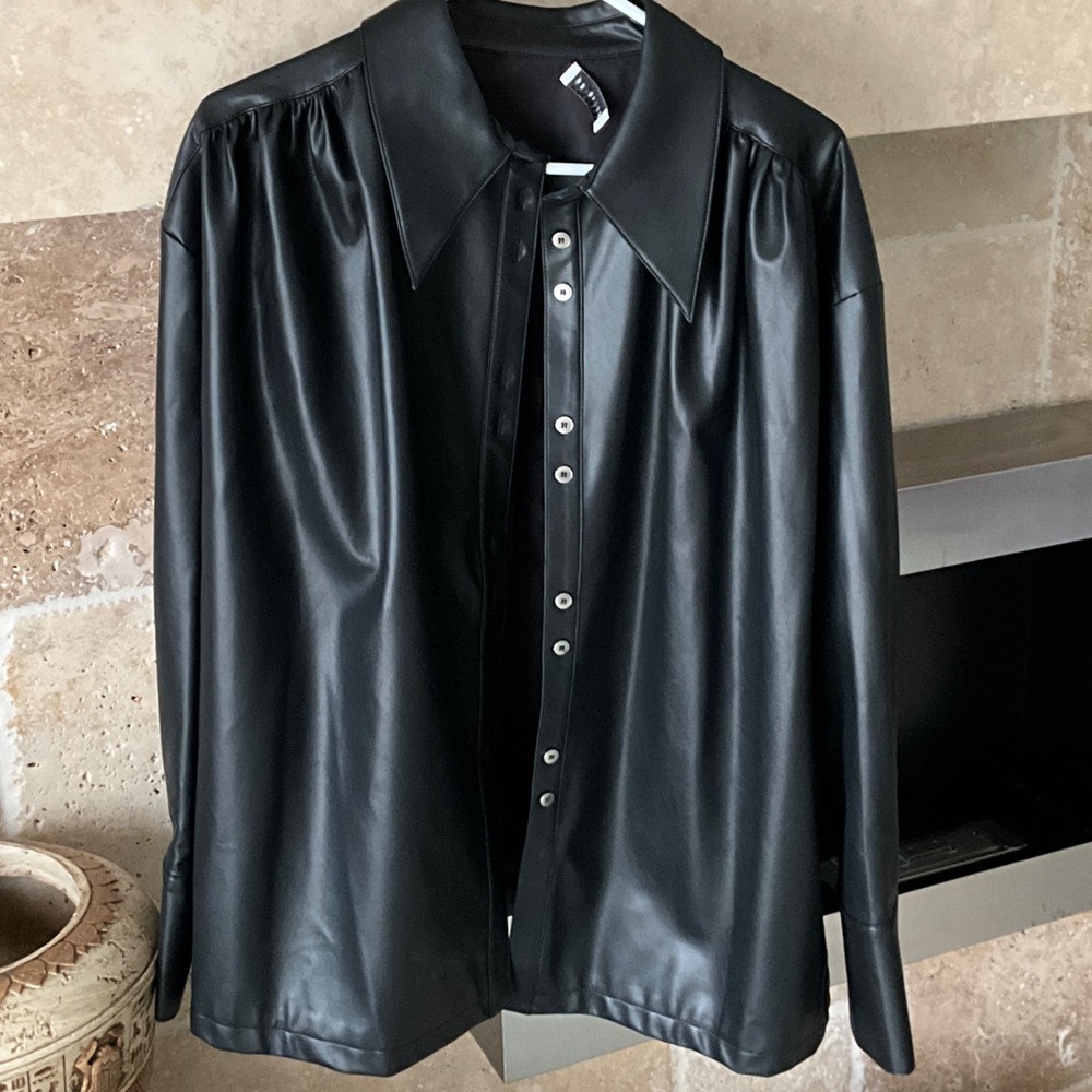 FAUX LEATHER BLACK SHIRT STYLE BUTTON UP WITH GATHERS ON SHOULDERS